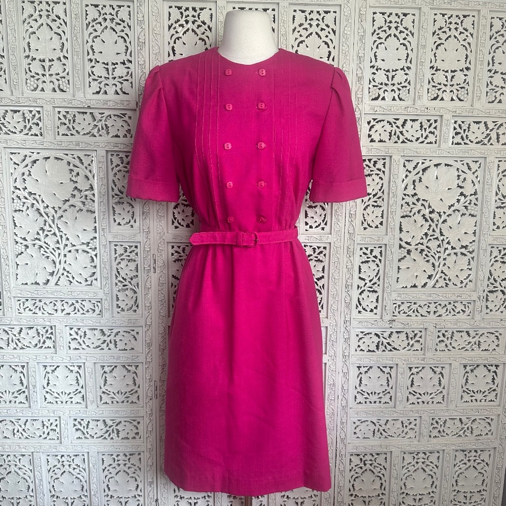 Vintage Leslie Fay Petites Magenta‎ Pink Mod Dress With Belt Sz Medium